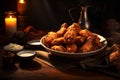 Golden fried chicken wings served in a homely setting with warm candlelight. Comfort food concept