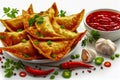 Golden Fried Samosas with Spicy Red Chutney and Fresh Ingredients on White Background