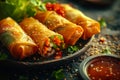 Golden Fried Spring Rolls with Dipping Sauce. Royalty Free Stock Photo