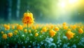 Golden Fritillaria blooms glisten with morning dew in sunlight. Beautiful blossom yellow flowers in green meadow