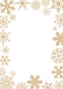 Golden frosty snowflake frame on white background.