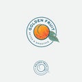 Golden Fruit Logo and Label. Apricot or Peach Fruit with Leaves on a Circle.