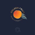 Golden Fruit Logo and Label. Apricot or Peach Fruit with Leaves on a Circle.