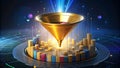 Golden Funnel Filtering Data and Analytics with Digital Network Background Royalty Free Stock Photo