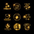 Golden gambling, casino, poker royal tournament, roulette vector labels, emblems, logos and badges