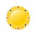 Golden gambling chip with suits. Heart, diamond, spade, club. Realistic chip