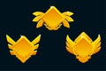 Golden game rank icons isolated. Game badges buttons in rhombus frame with wings