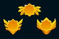 Golden game rank icons isolated. Game badges buttons in star frame with wings