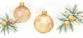 Golden garlands and balls, fir branches. New Year\'s and Christmas. Royalty Free Stock Photo