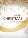 Golden garlands and balls, snow, sparkles. New Year\'s and Christmas. Royalty Free Stock Photo