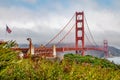 Golden Gate Bridge and an american flag