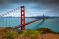 Golden Gate Bridge on a cloudy day with San Francisco skyline in the background Royalty Free Stock Photo