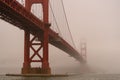 Golden Gate Bridge on a misty foggy day as seen from beneath
