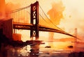 Golden Gate bridge in New York, watercolor artwork. AI generative content. Sunset Royalty Free Stock Photo