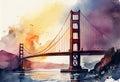 Golden Gate bridge in New York, watercolor artwork. AI generative content. Sunset Royalty Free Stock Photo