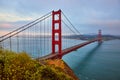 Golden Gate Bridge from overlook with yellow wildflowers with sunset haze over the bay