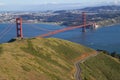 The Golden Gate Bridge with a two-lane road in the foreground and San Francisco in the background