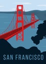Golden Gate bridge retro poster. Red color bridge across the blue ocean. Retro style vintage card or sticker. Popular