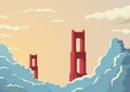 Golden Gate Bridge In San Francisco In USA Postcard Vector Template. Bridge In Sunset With Clouds Or Fog Below.