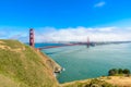 Golden Gate Bridge with the skyline of San Francisco in the background on a beautiful sunny day with blue sky and clouds in summer Royalty Free Stock Photo