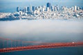 Golden Gate bridge span and cables on foggy day view from Marin Royalty Free Stock Photo