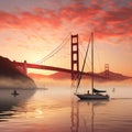 Golden Gate Bridge at Sunrise: A Jaw-Dropping Perspective in a Mystical Haze Royalty Free Stock Photo