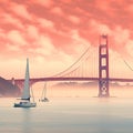 Golden Gate Bridge at Sunrise: A Jaw-Dropping Perspective in a Mystical Haze Royalty Free Stock Photo