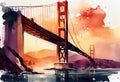 Golden Gate in New York, watercolor artwork. AI generative content. Sunset Royalty Free Stock Photo