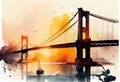 Golden Gate in New York, watercolor artwork. AI generative content. Sunset Royalty Free Stock Photo