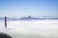 Golden Gate and the San Francisco bay covered by fog, the financial district skyline in the background, as seen from the Marin Royalty Free Stock Photo