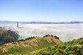 Golden Gate and the San Francisco bay covered by fog, the financial district skyline in the background, as seen from the Marin Royalty Free Stock Photo