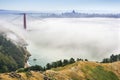 Golden Gate and the San Francisco bay covered by fog, the financial district skyline in the background, as seen from the Marin Royalty Free Stock Photo