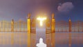 Golden gates of heaven opening to reveal glowing angel and flying doves