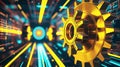 Golden gear in abstract digital tunnel with glowing lines symbolizing technology, engineering, data processing. Royalty Free Stock Photo