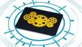 Golden gears on digital tablet Royalty Free Stock Photo