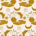 Golden gems, flowers and celestials in a seamless pattern design