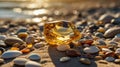 Golden Gemstone Sparkling on Sandy Beach in the Warm Sunlight of Setting Sun Royalty Free Stock Photo