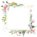 Golden geometric frame with watercolor wildflowers. Template for the text in the form of a square, heart, circle, rhombus. Royalty Free Stock Photo