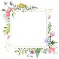 Golden geometric frame with watercolor wildflowers. Template for the text in the form of a square, heart, circle, rhombus.