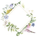 Golden geometric frame with watercolor wildflowers. Template for the text in the form of a square, heart, circle, rhombus.