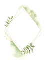 Golden geometric frame with watercolor wildflowers, watercolor stains and golden splashes.