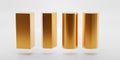 Golden geometric shapes set, rectangle, trapeze, cylinder and octagon. Empty pedestals or podiums, museum stages Royalty Free Stock Photo