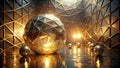 Golden geometric sphere in a luxurious abstract setting with reflective floor and subtle lighting. Generative AI Royalty Free Stock Photo