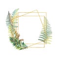 Golden geometrical frame with hand drawn green tropical fern branches and leaves on white background Royalty Free Stock Photo