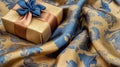A golden gift box with blue bow resting on patterned gold and blue fabric close up shot Royalty Free Stock Photo
