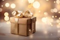 Golden gift box with bow, wrapped in ribbons of love, perfect for christmas or luxury festive background. Generative AI