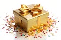Golden gift box with confetti,isolated on white background Royalty Free Stock Photo