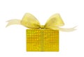 Golden gift box with gold ribbon bow isolated on white background, clipping path included Royalty Free Stock Photo