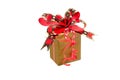 Golden gift box with golden red ribbon over white background with clipping path Royalty Free Stock Photo