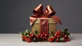 Golden Gift Box With Holly Leaves And Berries